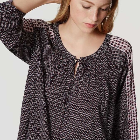 Loft Mixed Geo Peasant Blouse Brown Tile Floral -  size medium - Picture 2 of 16